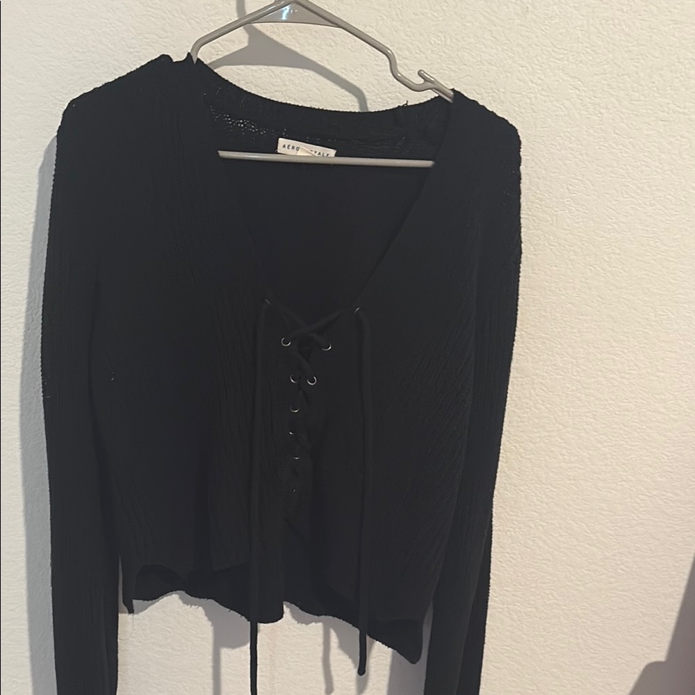 Aeropostale Black Tie Front Long Sleeve Blouse